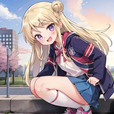 (masterpiece, best quality, ultra-detailed, beautiful detailed shiny purple eyes),<lyco:kujo-karen_v3:0.7>,Kujo Karen,union jack jacket, striped bow, white shirt, long sleeves, pleated skirt, blue skirt, kneehighs, sneakers,park,active pose,dramatic angle,angelic smile,:d,happy