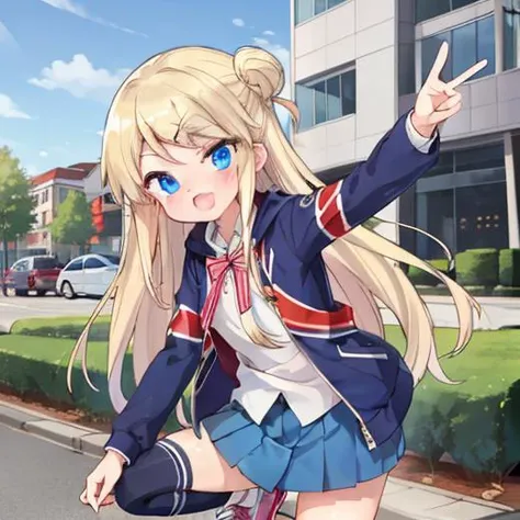 (masterpiece, best quality, ultra-detailed, beautiful detailed shiny blue eyes),<lyco:kujo-karen_v3:0.7>,Kujo Karen,union jack jacket, striped bow, white shirt, long sleeves, pleated skirt, blue skirt, kneehighs, sneakers,park,active pose,dramatic angle,angelic smile,;d