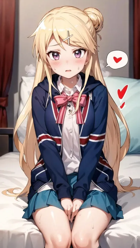 masterpiece, beautiful, extremely detailed face, perfect lighting,
(spoken hearts:1.2),(sweat:1.2),(deep breathe:1.2),(on bed:1.2), (steam:1.2)
BREAK,
,
,, <lora:kujo-karen_v3:0.8>,kujo karen,
union jack jacket,white shirt, , kneehighs, pleated skirt, long sleeves, blue skirt, striped bow,