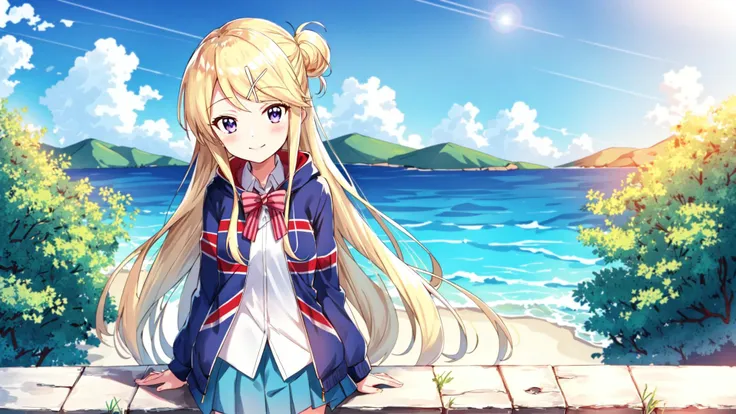 cowboy shot, 1girl, kujo karen, yellow hair, detailed background, smile, <lyco:kujo-karen_v3:0.7>, union jack jacket, striped bow, pleated skirt, blue skirt, kneehighs, white shirt, long sleeves, violet eyes, sky, sun, outdoors, nature