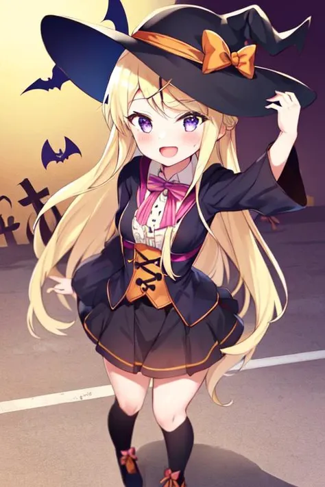 1girl, kujo karen, yellow hair, halloween, face closeup, <lyco:kujo-karen_v3:0.9>, violet eyes, halloween hat, halloween clothes, violet eyes, :d, small breasts, standing, fullbody