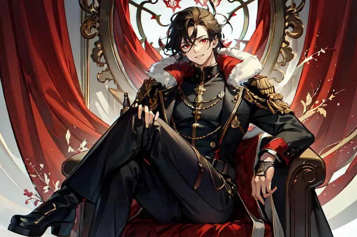 (((1boy))), ((toned)), male focus, masterpiece, high quality, (masterpiece:1.2), (best quality:1.2), shiny, realistic, ornate, intricate skin, ((black hair)), (red highlights), (messy hair), red eyes, bangs, black and red cloak, earrings, solo, sitting on throne, throne room, elegant, looking_at_viewer, yellow_eyeliner, FH , looking at the horizon, pupils constricted, (shadows cast over the face:1.3), dark room, shadow room, big grin, (upper body)