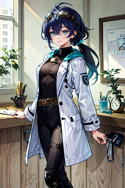 <lora:full_metal_panic:0.8> cowboy shot,, absurdres, ultra detailed, masterpiece, best quality, aesthetic, detailed,, katya1, solo, smile, 1girl, aqua eyes, black hair, <lora:low_ponytail-1.0:0.7> low ponytail, ahoge, absurdly long hair, very long hair, hair flaps, hair between eyes, bangs, crossed bangs, messy hair, small breasts, goggles on head, closed mouth,, hooded coat, open coat, turtleneck, pants, black knee boots, multiple straps, white coat, layered clothes, hair ribbon, pants under skirt,