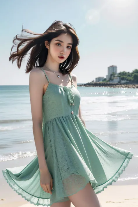 1girl, solo, skinny, pale skin, smooth skin, beauty, light makeup, small breasts, looking at viewer,
pastel-colored sundress with lace trim, ankle-strap flats, pendant necklace
beach, wind floating hair,
(masterpiece:1.2), best quality, ultra high res, raw photo, perfect lighting, soft light, rim light, (realistic, photorealistic:1.4),