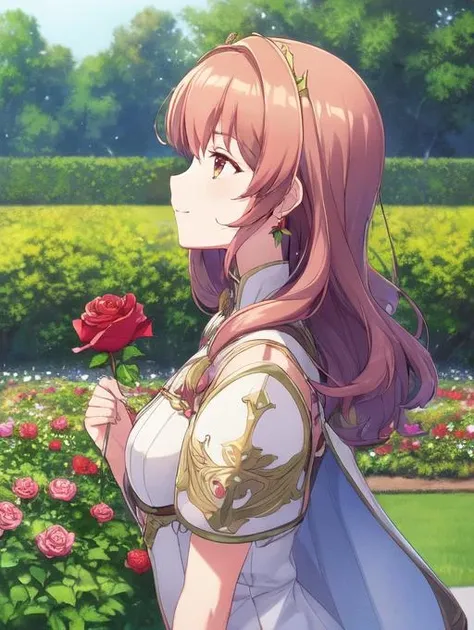 best quality, masterpiece, highres, detailed, digital illustration, <lora:Detail - add_detail:0.2>, CelicaFE, rose garden, white armor, tiara, happy, <lora:Character - CelicaFE:0.8>, stoic, holding flower, admiring flower, from side,