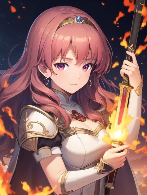 best quality, masterpiece, highres, detailed, digital illustration,  <lora:Detail - add_detail:0.2>, CelicaFE,  battlefield, white armor, tiara, happy,  <lora:Character - CelicaFE:0.8>, stoic, holding sword, fire magic,