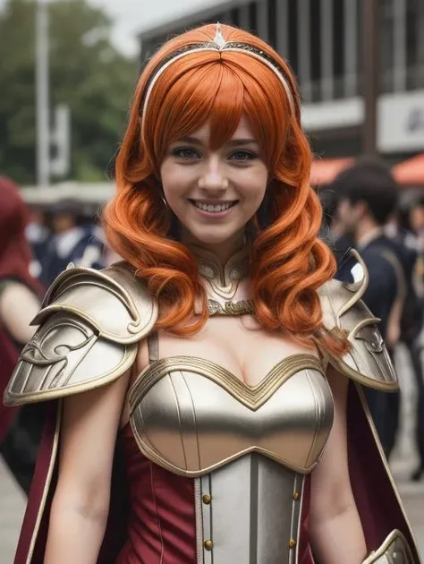 best quality, masterpiece, highres, detailed, digital illustration, <lora:Detail - add_detail:0.2>, CelicaFE, cosplay convention, white armor, tiara, smile, posing, <lora:Character - CelicaFE:0.6>, orange hair wig, 30 year old girl,