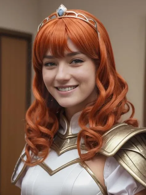 best quality, masterpiece, highres, detailed, digital illustration, <lora:Detail - add_detail:0.2>, CelicaFE, cosplay convention, white armor, tiara, smile, posing, <lora:Character - CelicaFE:0.6>, orange hair wig, 30 year old girl,