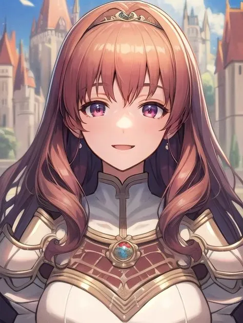 best quality, masterpiece, highres, detailed, digital illustration,  <lora:Detail - add_detail:0.2>, CelicaFE,  castle, white armor, tiara, happy,  <lora:Character - CelicaFE:1>