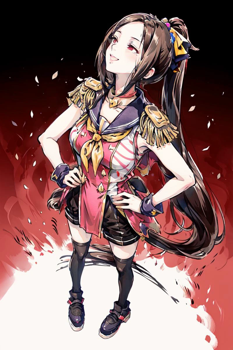 (only 1 stamp), shukezouma, negative space, shuimobysim , <lora:shuV2:0.7>, (masterpiece, best quality:1.2), (traditional chinese ink painting), <lora:shuimobysimV3:0.7>, sakura bakushin o \(umamusume\), (smiling eyes:1.1), closed eyes, full body, hands on hip, (smile), looking up, from above, open mouth, epaulettes, sleeveless shirt, pink shirt, sailor collar, capelet, yellow neckerchief, asymmetrical gloves, mismatched gloves, black shorts, white thighhighs, mismatched footwear, <lora:sakura_bakushin_o_lora:0.8>