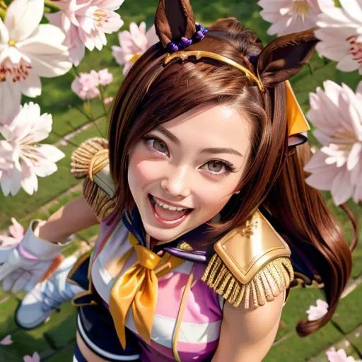 masterpiece, best quality, close up, face shot, jump, cherry blossoms, 
sakura bakushin o \(umamusume\),
(smiling eyes:1.1), laughing, open mouth, looking up, from above, lookiong at viewer, hands up,
epaulettes, sleeveless shirt, pink shirt, sailor collar, capelet, yellow neckerchief, asymmetrical gloves, mismatched gloves, black shorts, white thighhighs, mismatched footwear
<lora:sakura_bakushin_o_lora-000007:0.8>