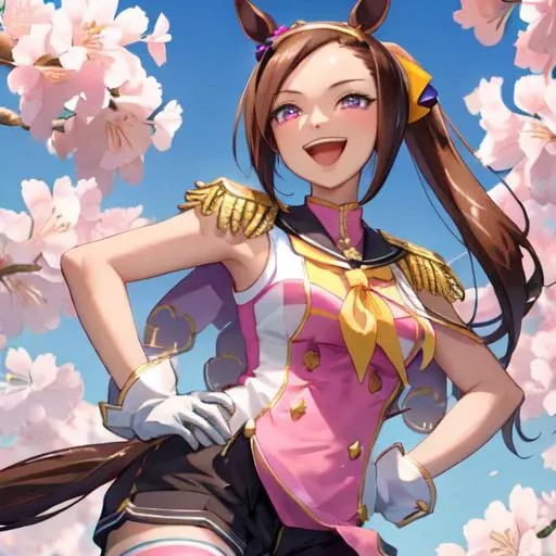 masterpiece, best quality, close up, face shot,
sakura bakushin o \(umamusume\),
(smiling eyes:1.1), hands on hip, laughing, open mouth, look at viewer, cherry blossoms,
epaulettes, sleeveless shirt, pink shirt, sailor collar, capelet, yellow neckerchief, asymmetrical gloves, mismatched gloves, black shorts, white thighhighs, mismatched footwear
<lora:sakura_bakushin_o_lora-000007:0.8>