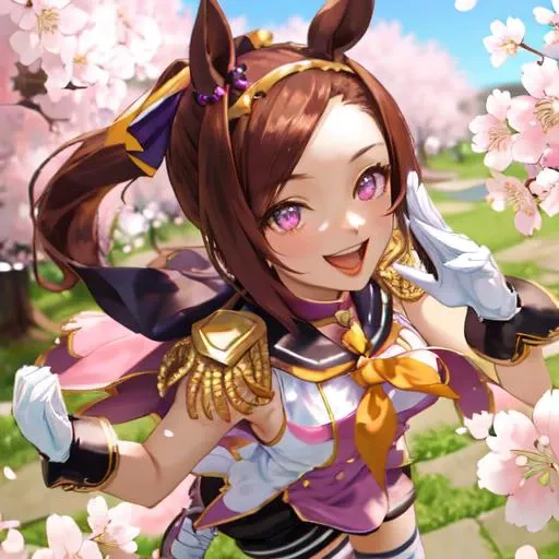 masterpiece, best quality, close up, face shot, jump, cherry blossoms, 
sakura bakushin o \(umamusume\),
(smiling eyes:1.1), laughing, open mouth, looking up, from above, lookiong at viewer, hands up,
epaulettes, sleeveless shirt, pink shirt, sailor collar, capelet, yellow neckerchief, asymmetrical gloves, mismatched gloves, black shorts, white thighhighs, mismatched footwear
<lora:sakura_bakushin_o_lora-000007:0.8>