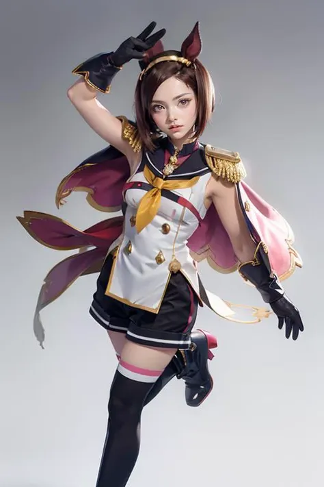 (8k, RAW photo, best quality, masterpiece:1.2), <lora:sakura_bakushin_o_lora:0.6>, sakura bakushin o \(umamusme\), epaulettes, sleeveless shirt, pink shirt, sailor collar, capelet, yellow neckerchief, asymmetrical gloves, mismatched gloves, black gloves, white gloves, black shorts, white thighhighs, asymmetrical footwear, mismatched footwear, high heel boots, portrait