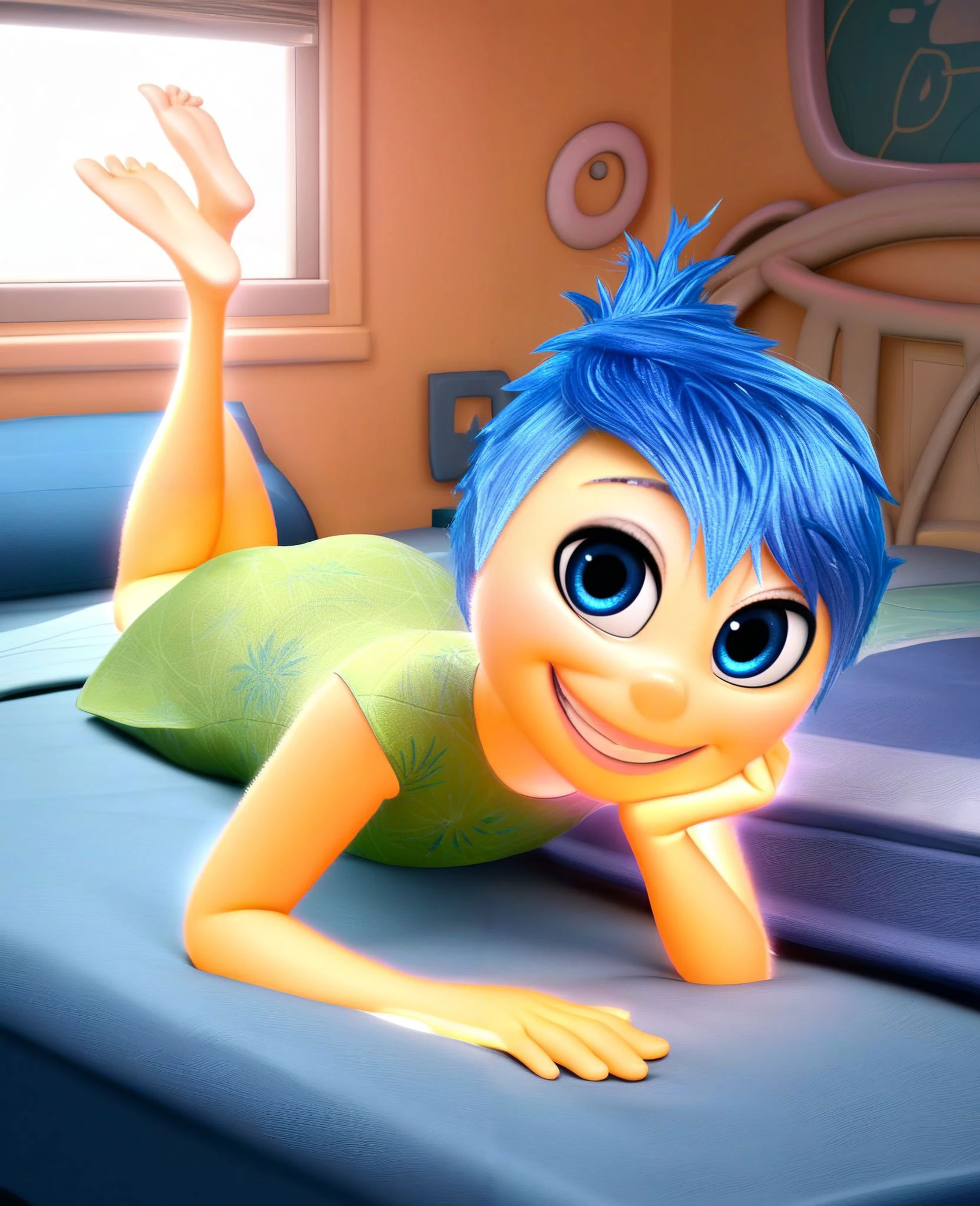 zPDXL, j_o_y, 1girl, blue hair, glowing, green dress, <lora:JoyIO:.9>
looking at viewer, smiling, teeth, lying, prone, legs up, feet, soles, on bed,, hands under chin, inside bedroom, soft lighting,