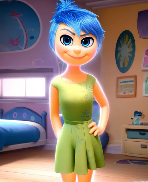 zPDXL, j_o_y, 1girl, blue hair, glowing, green dress, <lora:JoyIO:.9>
looking at viewer, serious, smiling, standing, medium shot, inside bedroom, soft lighting,