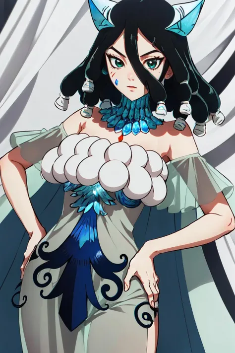 Highly detailed, High Quality, Masterpiece, beautiful, Kirisame, <lora:Kirisame:0.9>, solo, 1girl, cowboy shot, facial mark, hand on hip,