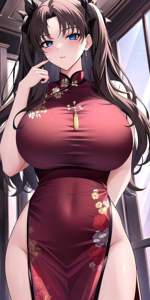 <lora:tohsaka_rin_altV2:0.7> tohsaka_rin_alt, huge_breasts, standing, solo, china_dress, masterpiece, best quality, detailed face, detailed eyes, highres,
