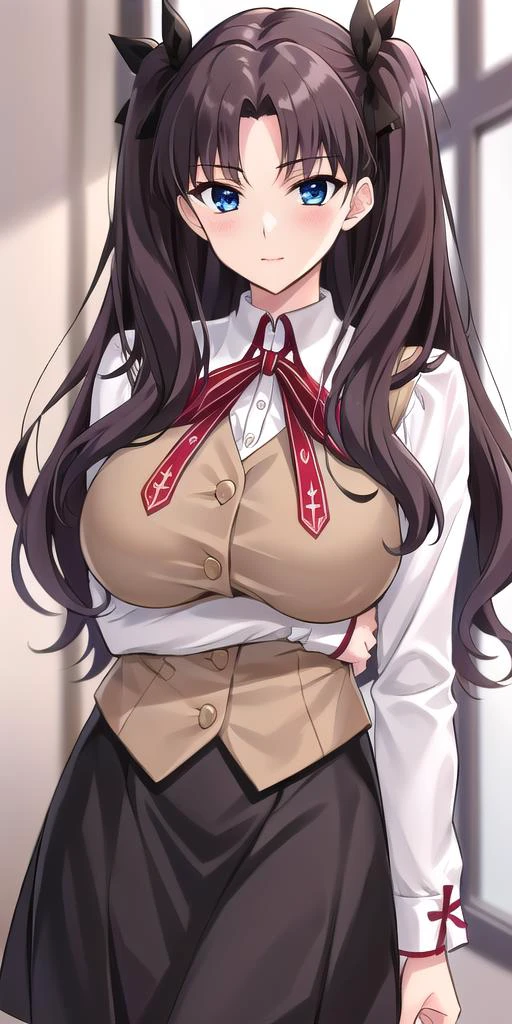 <lora:tohsaka_rin_altV2:0.7> tohsaka_rin_alt, huge_breasts, standing, solo, homurahara_academy_school_uniform, masterpiece, best quality, detailed face, detailed eyes, highres,