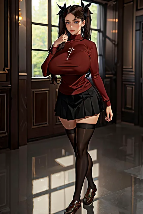 (masterpiece, best quality, ultra detailed, absurdres)1.5, 1girl, (, beautiful woman, perfect face, perfect eyes, perfect female body, )1.5, (tohsaka_rin_alt, red_sweater, black_skirt, black_thighhighs, loafers, long hair, brown hair, twintails, black hair ribbons, <lora:tohsaka_rin_altV2:0.7>), (standing, modern mansion), perfect lighting, smooth, hdr