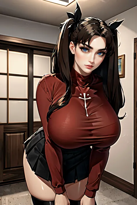 katsuragi_misato, huge_breasts, standing, solo, Misato_cross_necklace, black_pencil_dress_high_collar_red_jacket, masterpiece, best quality, detailed face, detailed eyes, highres,