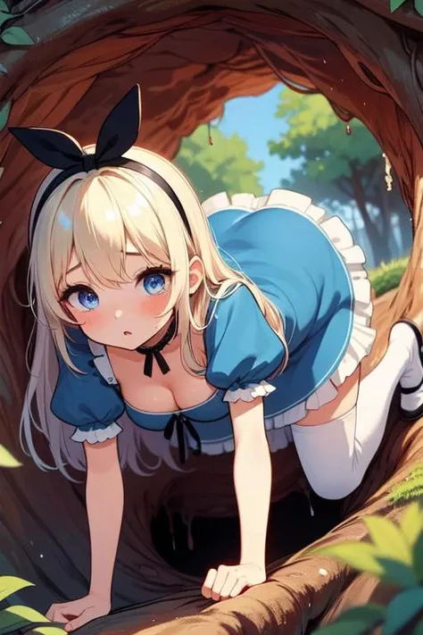 (((masterpiece))), (((best quality))), (((on stomach))), ((hip lifted)), ((tree hole)), ((tree cave)), ((leaning forward)), ((head down)), ((all fours)), alice costume, blonde hair, long hair, black hairband, puff short sleeves, blue eyes, blue dress, white apron, white thighhighs, black mary janes, sweat, parted lips, grass, flower, mushroom, solo, 1girl, cleavage, big tits, shy, blush, slim figure, <lora:girlliketreehole:0.8>