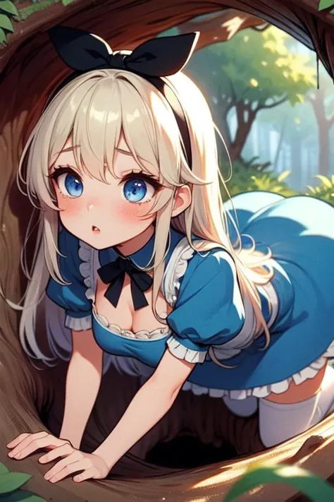 (((masterpiece))), (((best quality))), (((on stomach))), ((hip lifted)), ((tree hole)), ((tree cave)), ((leaning forward)), ((head down)), ((all fours)), alice costume, blonde hair, long hair, black hairband, puff short sleeves, blue eyes, blue dress, white apron, white thighhighs, black mary janes, sweat, parted lips, grass, flower, mushroom, solo, 1girl, cleavage, big tits, shy, blush, slim figure, <lora:girlliketreehole:0.8>