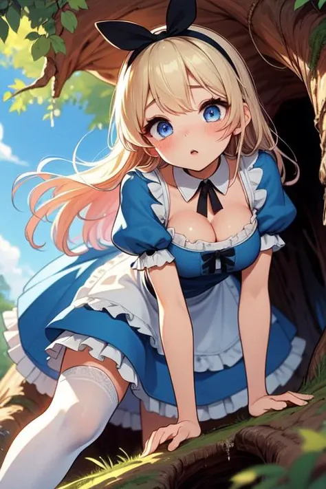 (((masterpiece))), (((best quality))), (((from below))), ((tree hole)), ((tree cave)), ((leaning forward)), ((head down)), ((all fours)), alice costume, blonde hair, long hair, black hairband, puff short sleeves, blue eyes, blue dress, white apron, white thighhighs, black mary janes, sweat, parted lips, grass, flower, mushroom, solo, 1girl, cleavage, big tits, shy, blush, slim figure, <lora:girlliketreehole:0.8>