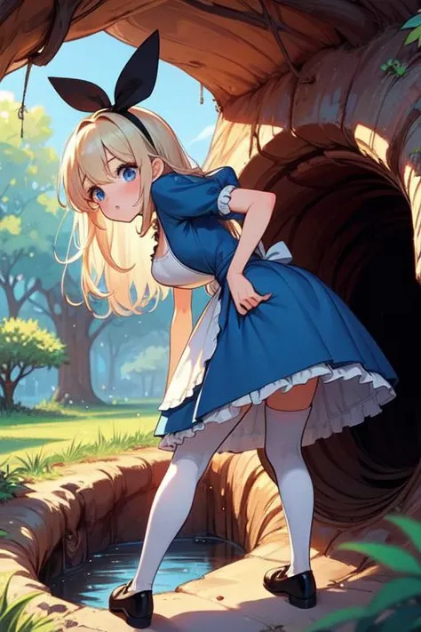 (((masterpiece))), (((best quality))), (((hip lifted))), (((from behind))), ((tree hole)), ((tree cave)), ((leaning forward)), ((head down)), ((all fours)), alice costume, blonde hair, long hair, black hairband, puff short sleeves, blue eyes, blue dress, white apron, white thighhighs, black mary janes, sweat, parted lips, grass, flower,  mushroom, solo, 1girl, cleavage, big tits, shy, blush, slim figure, <lora:girlliketreehole:0.8>