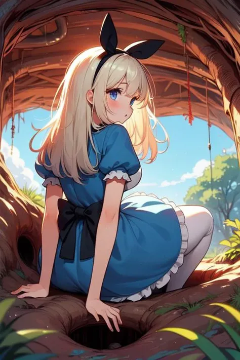 (((masterpiece))), (((best quality))), (((hands on wall))), (((from behind))), ((tree hole)), ((tree cave)), ((leaning forward)), ((head down)), ((all fours)), alice costume, blonde hair, long hair, black hairband, puff short sleeves, blue eyes, blue dress, white apron, white thighhighs, black mary janes, sweat, parted lips, grass, flower,  mushroom, solo, 1girl, cleavage, big tits, shy, blush, slim figure, <lora:girlliketreehole:0.8>