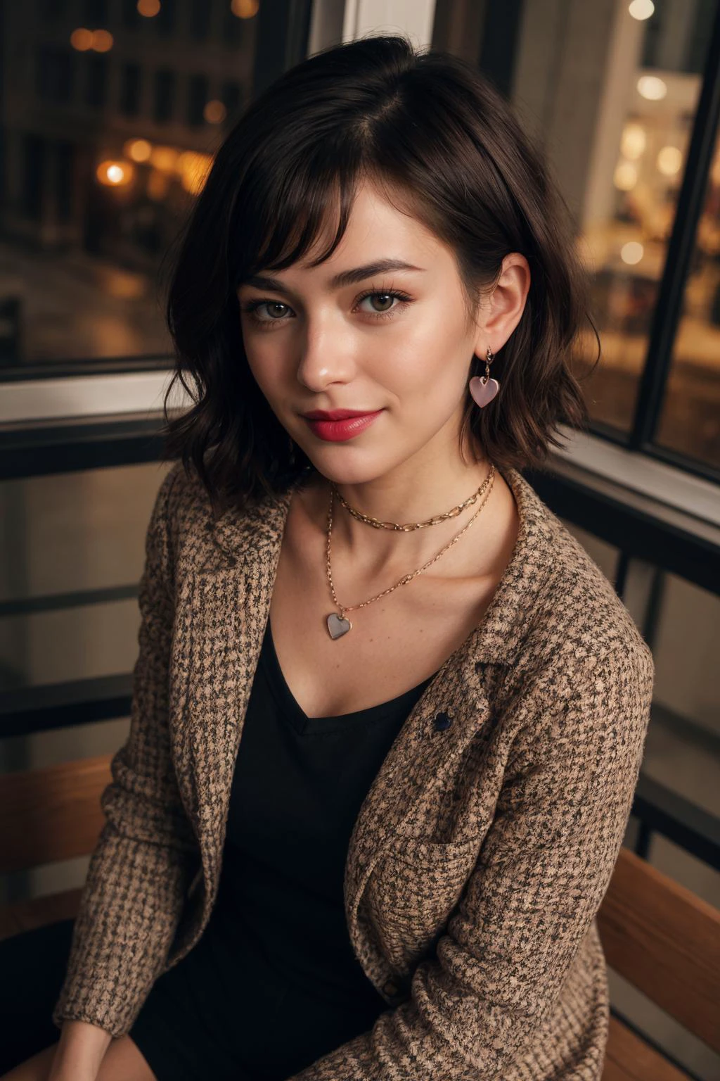 4k, 8k, ultra highres, raw photo in hdr, sharp focus, intricate texture, skin imperfections,detailed skin, realistic, detailed facial features, highly detailed face, posing,perfect lighting,short hair,black hair,(sitting),inside,window,night,city lights,city,chair,chic outfit,jacket,smile,simple necklace,((from above)),chain,choker,hearts,glossy lipstick,rosy cheeks