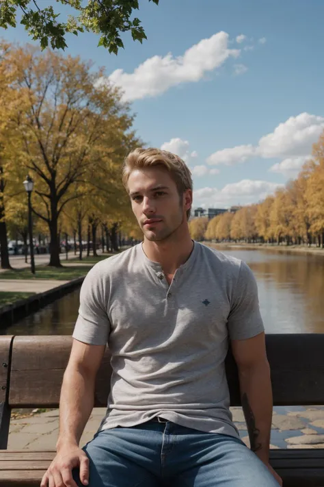 (1guy),4k, 8k, ultra highres, raw photo in hdr, sharp focus, intricate texture,detailed skin, skin imperfections, realistic, detailed facial features, highly detailed face, posing,perfect lighting,(blonde hair),sitting on a park bench,park,blue sky, clouds, river,water,handsome,rugged