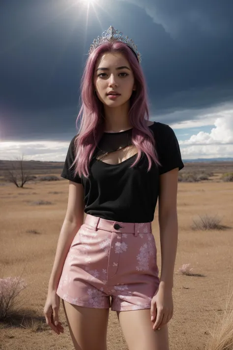 1girl, (digital art by John Le:0.7) , masterwork Pencil Drawing of a sunbeam, Creative Glad short Grunge ([Lama|Hawa]:1.3) , she as Canadian Knight, she is biting her lip as a Warden, the Warden is dressed in a Witty dark pink Bauhaus Gator skin Cargo shorts that was designed by Prada, It is very contrasting colors and fluorescent purple, the Warden has Malaysian hair, she has a Frosted Archean cherry blossom pink Tiara, Sacred Pocket Square, crowded grass and Celestial body in background, Stormy weather, deep focus, ultrafine detailed, Flustered, Hippiepunk, Black lighting, 35mm, Autochrome, dripping cheetah print, Floral motives, photo-realistic face, pale skin, Unsplash, highly detailed