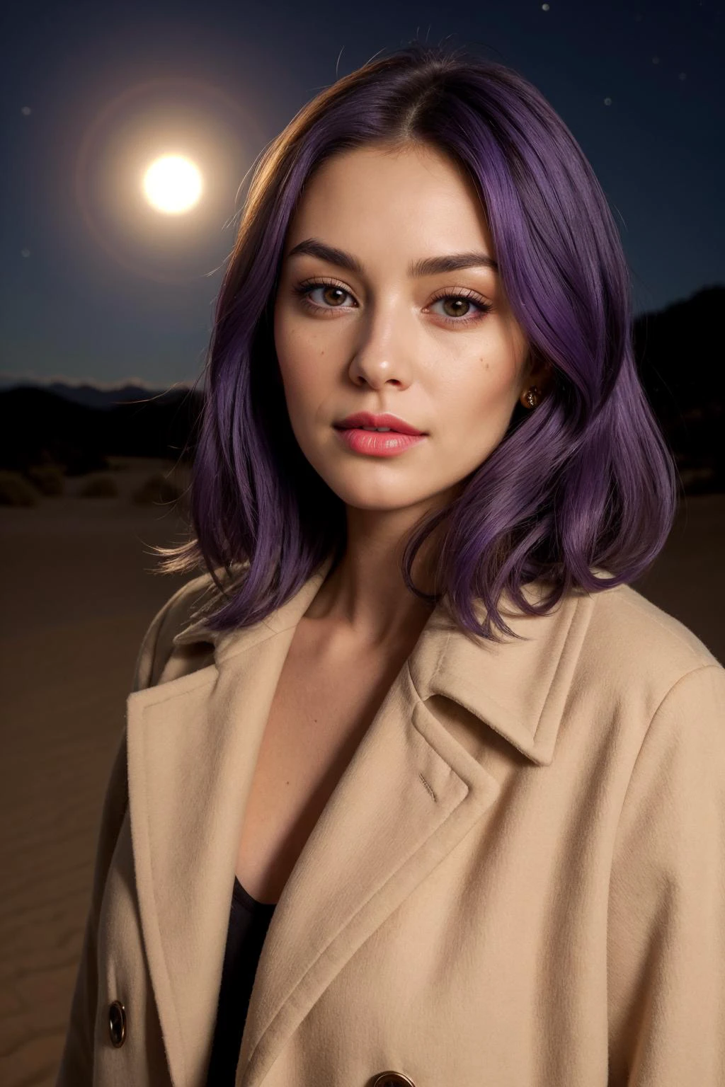 4k, 8k, ultra highres, raw photo in hdr, sharp focus, intricate texture, skin imperfections, realistic, detailed facial features, highly detailed face, posing,perfect lighting,long hair,sitting,stars,twinkle,outdoors,space,yellow sparkles,night sky,detailed background,desert,sand,catus,blonde hair,straight eyebrows,cute,coat,((purple hair)),(straight eyebrows),(oval face),add detail,plump cheeks,red lipstick