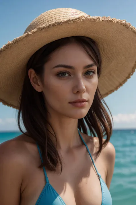 4k, 8k, ultra highres, raw photo in hdr, sharp focus, intricate texture,smooth skin,youthful,realistic, detailed facial features, highly detailed face,detailed background,ocean,boat in the background,natural lighting,ocean waves,beach,bikini,sun hat