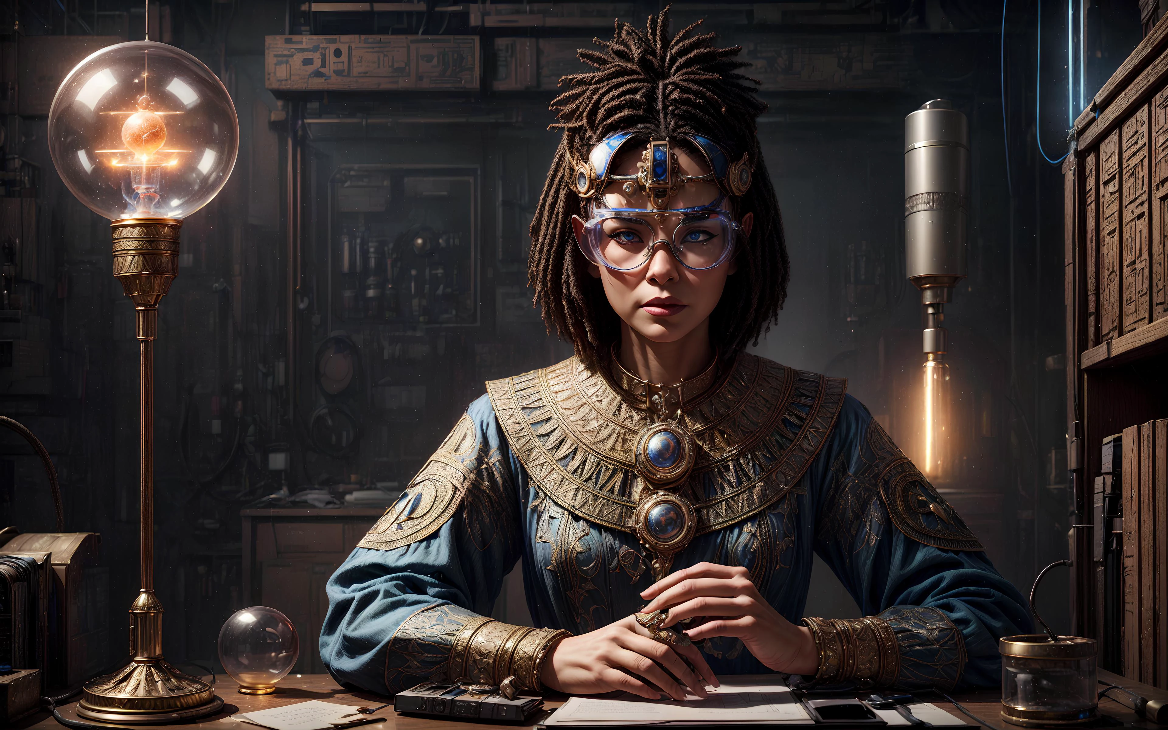 masterpiece, epic, majestic, best quality, very high resolution, 8k, hdr, digital photography, dynamic pose, aesthetical wise, 65 years old female Boggart battlemage, red eyes, (brown hair, fluffed-out bob:1.1), showing bashful expression, looking down, solo, half shot, detailed background, detailed face, (<lora:Cyber_Egypt:0.6>, Cyber_Egypt theme:1.1), researcher, safety-goggles, innovation, fantasy science lab in background, physics, particle accelerator, tesla coil, dark matter, waveforms, atom model,, (iridescent:0.7), (transparent:0.8), (translucid:0.8), (reflection:0.6), (refraction:0.3), (diffraction:0.3), (caustics:0.3), volumetric lights, volumetric shadows, (subsurface scatering:0.4), physically based rendering, (intricate details:1.3), hyperdetailed, ultrarealistic, (sharp focus:1.2) <lora:hyperdenoiser_v090:1.5> <lora:add_detail:1.5>
