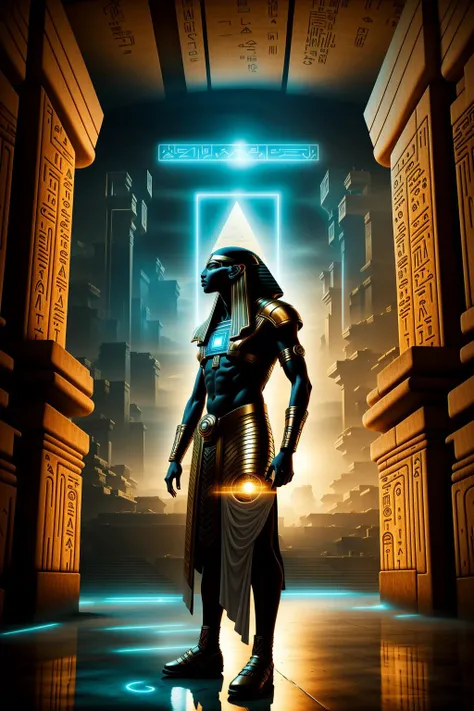 ( a large screen with a man on it ) , Cyber_Egypt , cyberpunk , 3d render