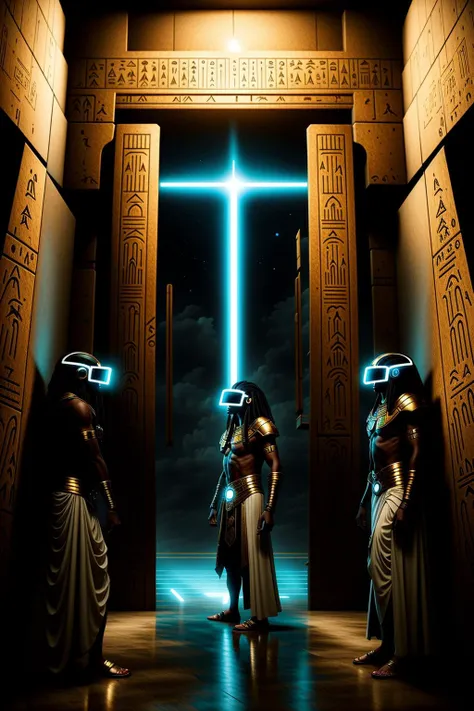 ( a group of people in a hallway with a door ) , Cyber_Egypt , cyberpunk , 3d render
