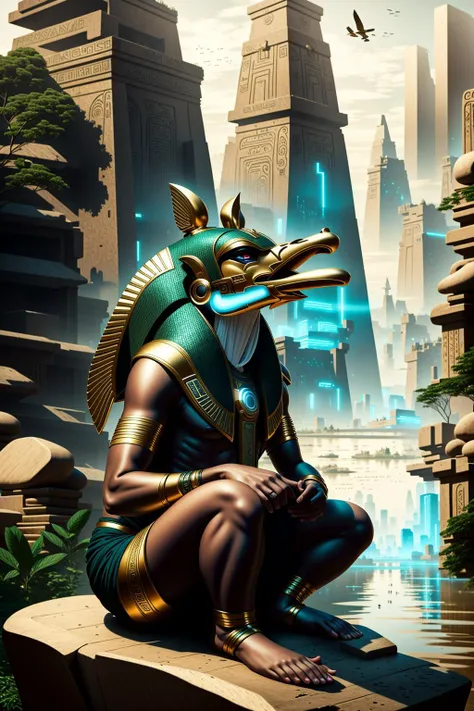 ( a cartoon character sitting on a rock in the water with a fish in his mouth and a fish in his mouth, with a purple background) ,  Cyber_Egypt , cyberpunk , 3d render