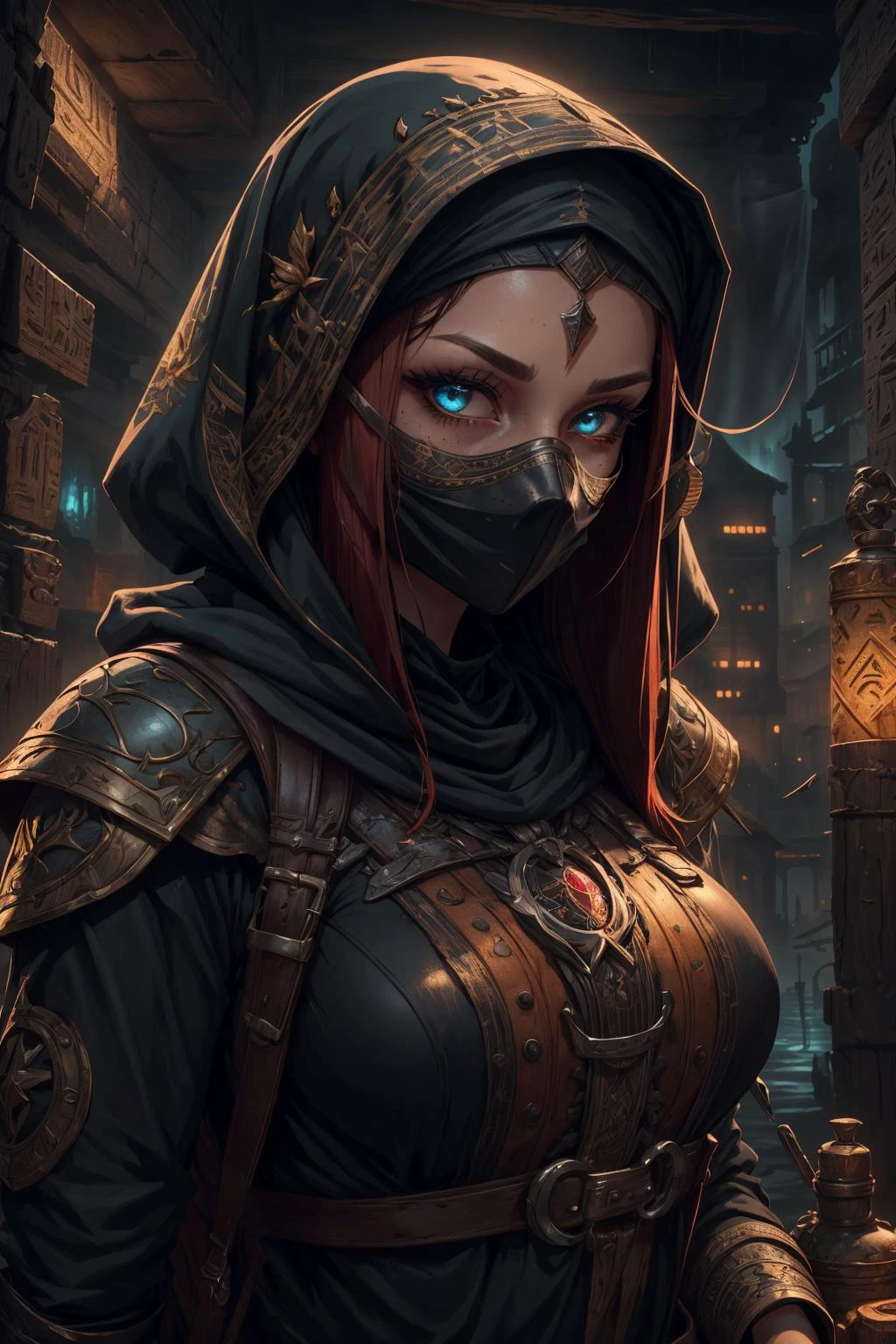 beautiful and detailed illustration, pop art, masterpiece, best quality, ultra-detailed, soft lighting, cinematic shot, vibrant colors, gorgeous colors, <lora:add_detail:0.3>, <lora:stylesqueeze_v2:0.5>,
1 girl, adult (elven:0.7) woman, freckles, ruby eyes, dark red half-up half-down hairstyle,
portrait, looking down, solo, half shot, detailed background, detailed face, (<lora:Cyber_Egypt:0.6>, Cyber_Egypt theme:1.1), face covered by bandana, sapper, thieves guild, dynamic pose, elaborate dark leather (armor:0.7), straps, lockpick, hood, knives, high fantasy medieval setting, dark port pier background, stealth, undercover, (barrels in background:0.8), low light, shadows, fog, grunge atmosphere,