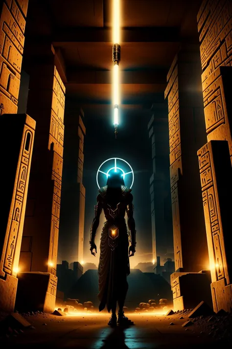 ( a man standing in a tunnel with candles  ) ,  Cyber_Egypt , cyberpunk , 3d render
