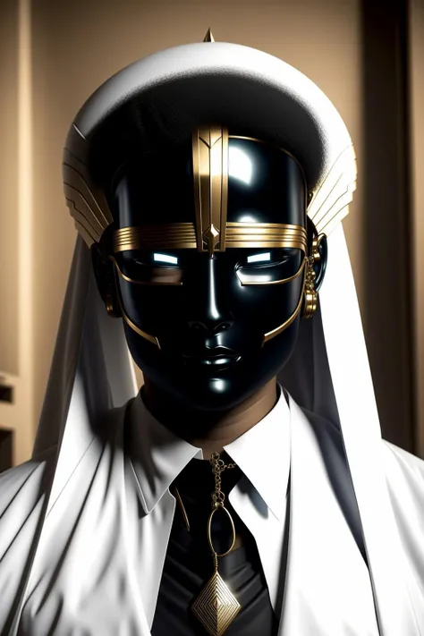 ( a man wearing a mask with a futuristic face on it's head and a tie on his necktie and a white shirt and black suit) , Cyber_Egypt , cyberpunk , 3d render