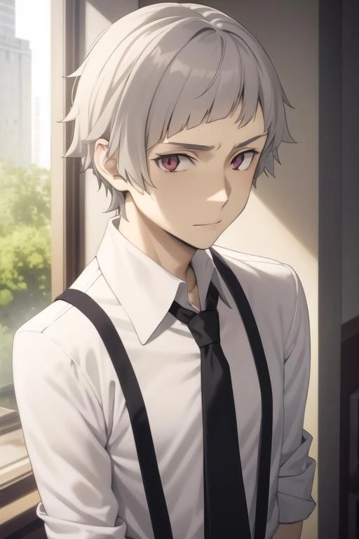 masterpiece, best quality, high quality, 1boy, solo, male focus, looking at viewer, upper body, <lora:nakajima_atsushi:0.70>, nakajima_atsushi, grey hair, necktie, suspenders, collared shirt