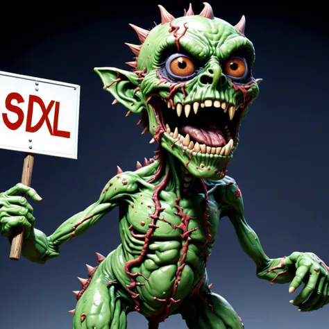 highly detailed 4k, filmic, high quality, deformed abomination of desolation holding a sign that reads ((("SDXL"))), <lora:bl4ckl1ghtxl:0.61> by anathasius kircher