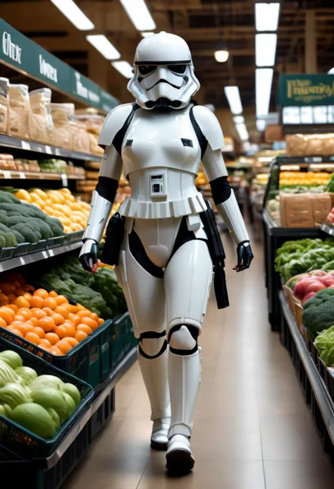 a photo of a stormtrooper woman <lora:sdxl_lora_stormtrooper:1> hourglass figure, shopping at Whole Foods, carrying a shopping basket with multiple items in it, high resolution, beautiful, highest quality, masterpiece, highly detailed