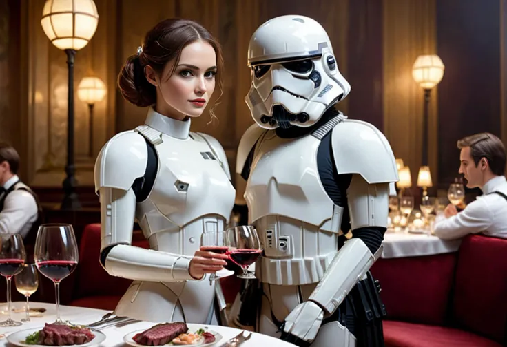 a photo of a stormtrooper woman <lora:sdxl_lora_stormtrooper:1> on a romantic date, wine, steak, fine dining, high resolution, beautiful, highest quality, masterpiece, highly detailed