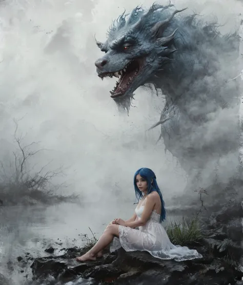 beautiful asian woman, blue haired, white nightie, mist, full body shot, sitting near lake, a big monster behind her rises from lake, dark atmosphere, night, dark fantasy <lora:Desolation:0.8>