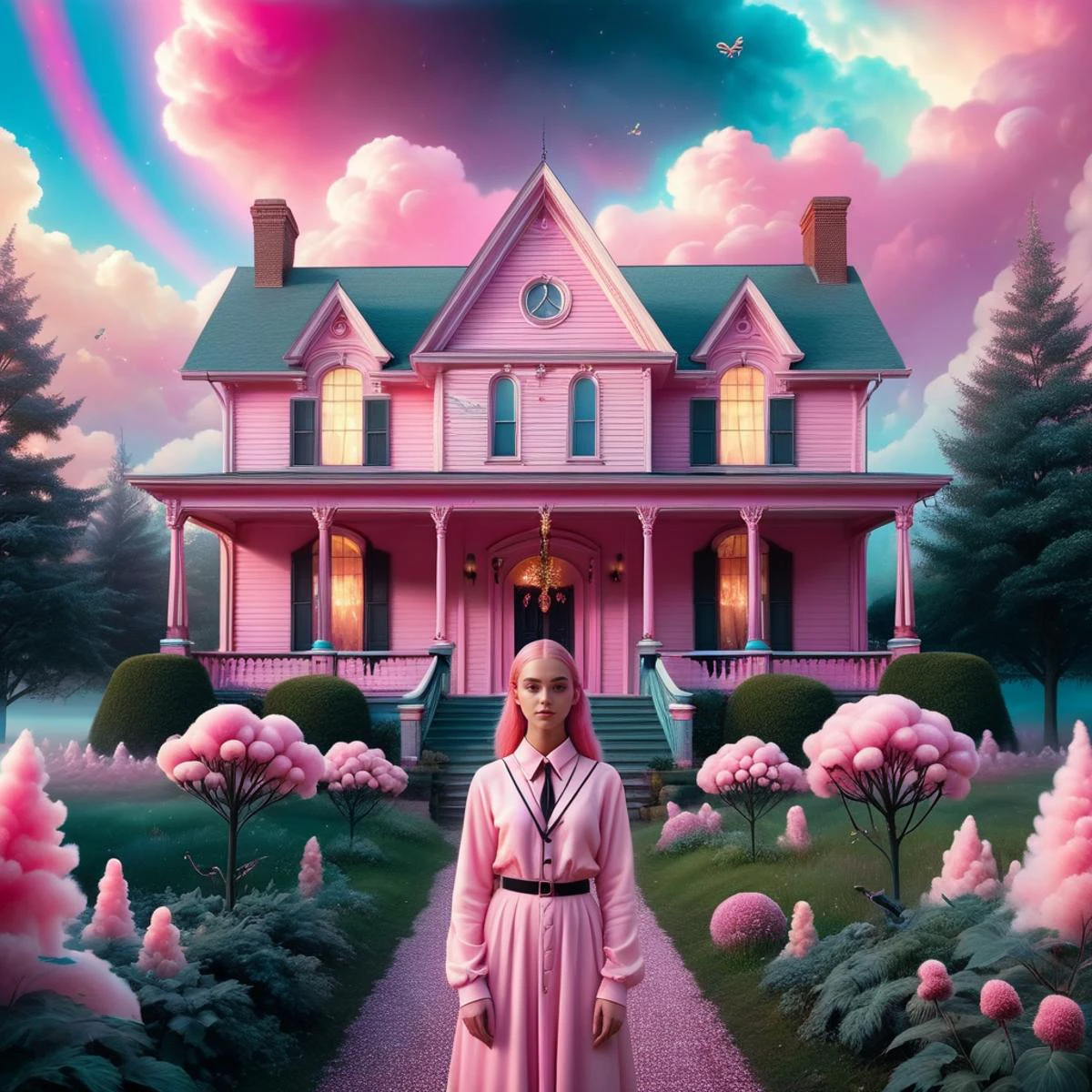 <lora:add-detail-xl:0.8> two females stand in front of an old haunted house, in the style of light pink, social media portraiture, intricate costumes, demonic photograph, barbiecore, the snapshot aesthetic, dark pink and light pink against a rainbows, background is a tie dye design, intertwining, a burning realistic pink and blue sun, realistic flames, burning, cyborg, black and white fractal spirals, tiny details, plants, octopus tentacles, honeycomb pattern, sacred geometry on skin, flower of life, psychedelic, visionary art, extremely detailed, hyperealistic, crisp, 8K upscaled to max, dark, horror, sunflowers, masterpiece, polkadots, cinematic background. It has a slightly fluffy, cartoon-style with minimalist elements. <lora:SDXLCottonCandy:0.8> cottoncandy