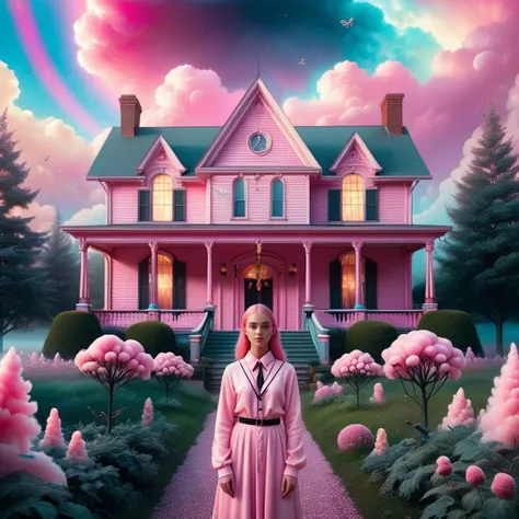 <lora:add-detail-xl:0.8> two females stand in front of an old haunted house, in the style of light pink, social media portraiture, intricate costumes, demonic photograph, barbiecore, the snapshot aesthetic, dark pink and light pink  against a rainbows, background is a tie dye design, intertwining, a burning realistic pink and blue sun, realistic flames, burning, cyborg, black and white fractal spirals, tiny details, plants, octopus tentacles, honeycomb pattern, sacred geometry on skin, flower of life, psychedelic, visionary art, extremely detailed, hyperealistic, crisp, 8K upscaled to max, dark, horror, sunflowers, masterpiece, polkadots, cinematic background. It has a slightly fluffy, cartoon-style with minimalist elements. <lora:SDXLCottonCandy:0.8> cottoncandy