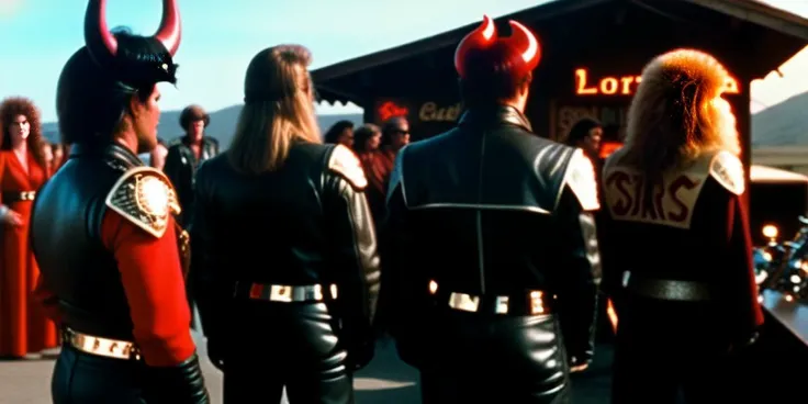 Satanic bikers gathered in front of a bar,<lora:1985:1>,1985 film still,scifi fantasy,